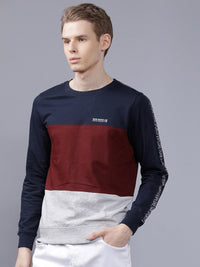 The Indian Garage Co Men Navy Blue & Maroon Colourblocked Hooded Sweatshirt