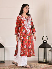 House of Chikankari Women Red Mulmul Chikankari Embroidered Kurta