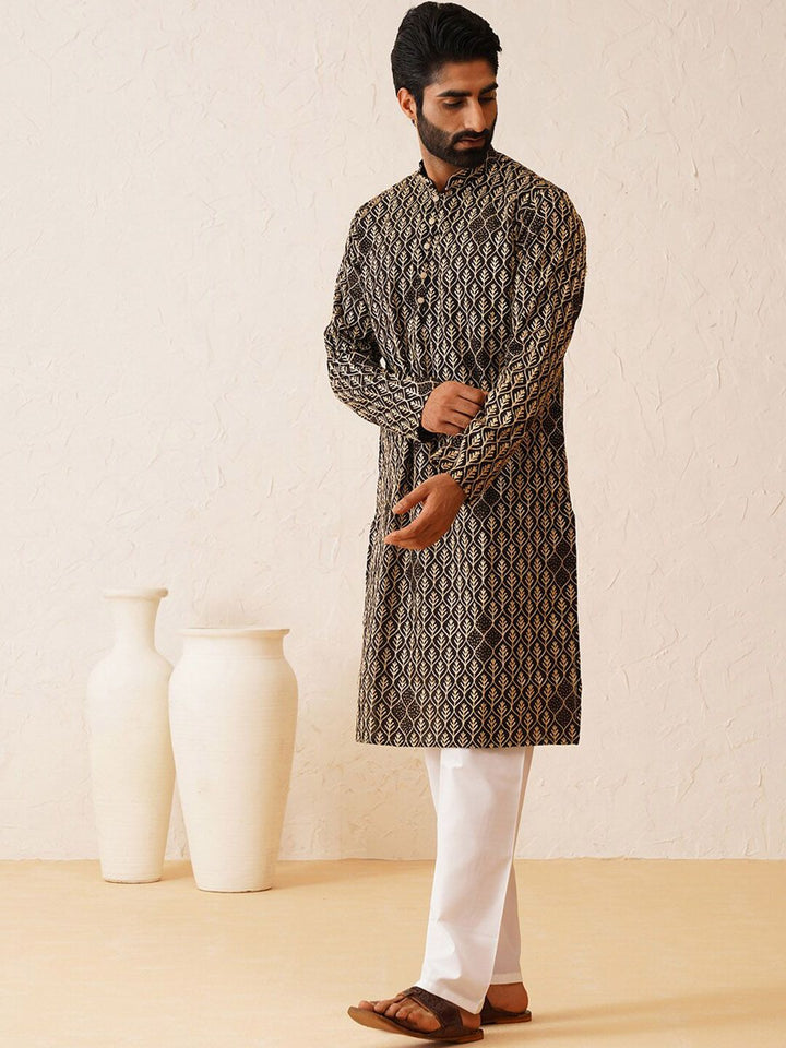 SOJANYA Kolar Mandarin Sulam Lengan Panjang Cotton Straight Kurta