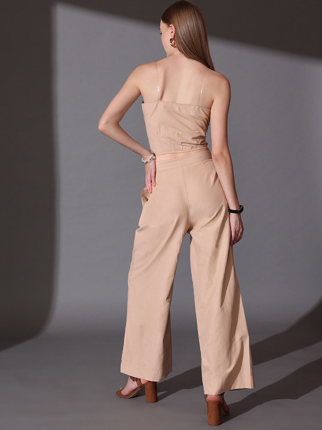 STREET 9 Solid Off Shoulder Shirt With Flared Trousers Co-Ords