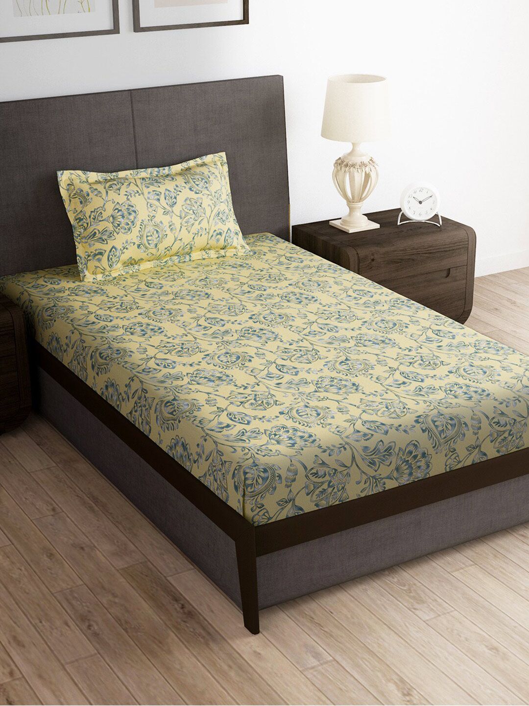 Story@home Cream-Coloured & Grey Floral Microfiber 180 TC Single Bedsheet & 1 Pillow Cover