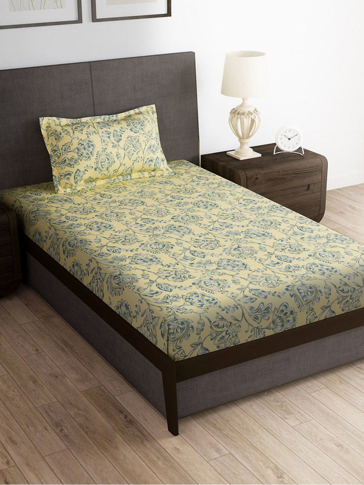 Story@home Cream-Coloured & Grey Floral Microfiber 180 TC Single Bedsheet & 1 Pillow Cover