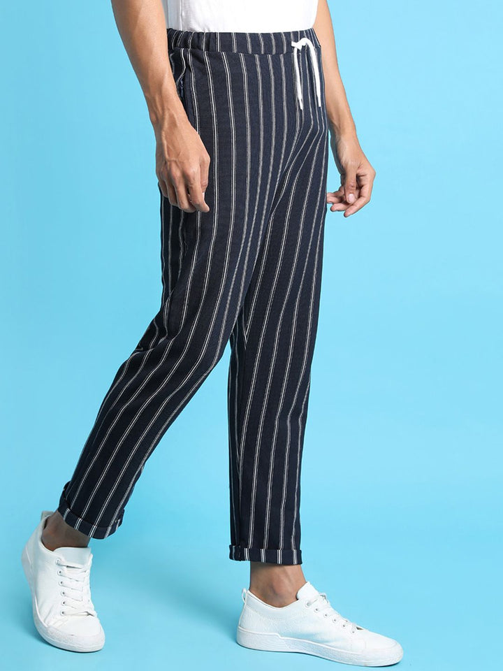 Campus Sutra Men Navy Blue Striped Printed Track Pants