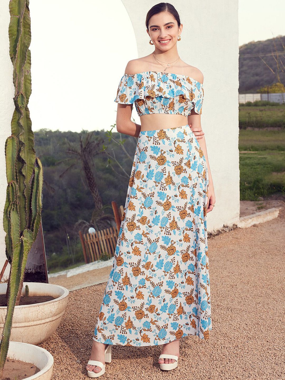 STREET 9 Floral Printed Off-Shoulder Crop Top with Skirt Co-Ords