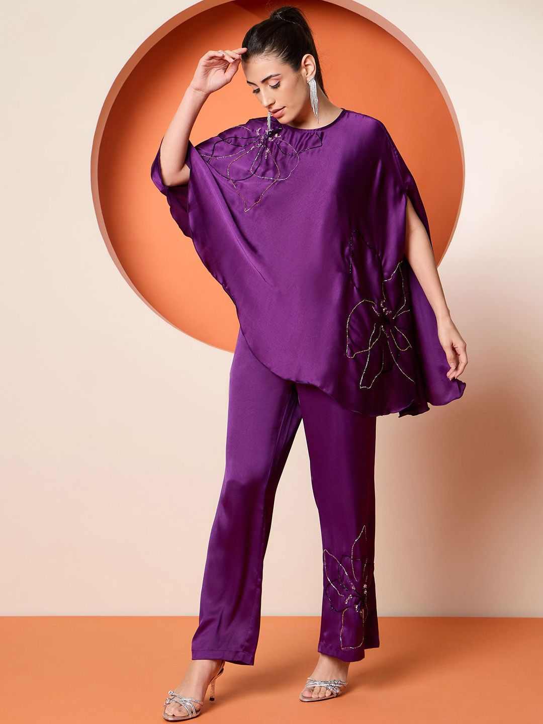 Antheaa Embellished Satin Top With Trousers Co-Ords