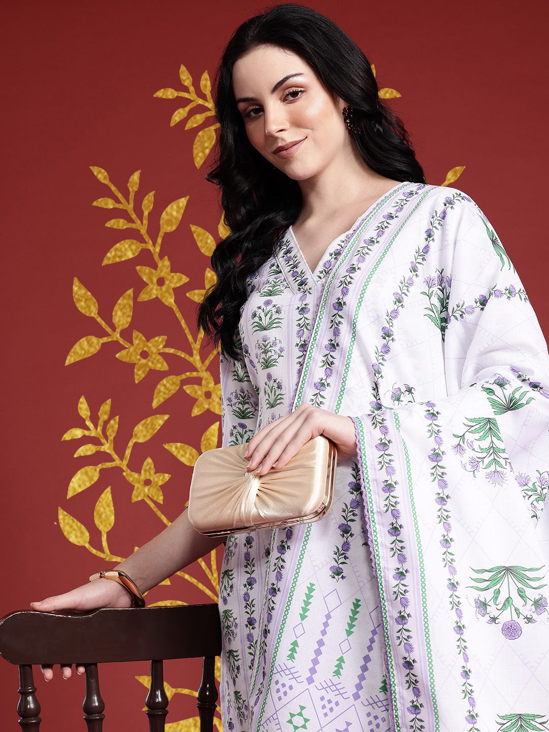 Anouk Floral Printed Kurta with Trousers & With Dupatta