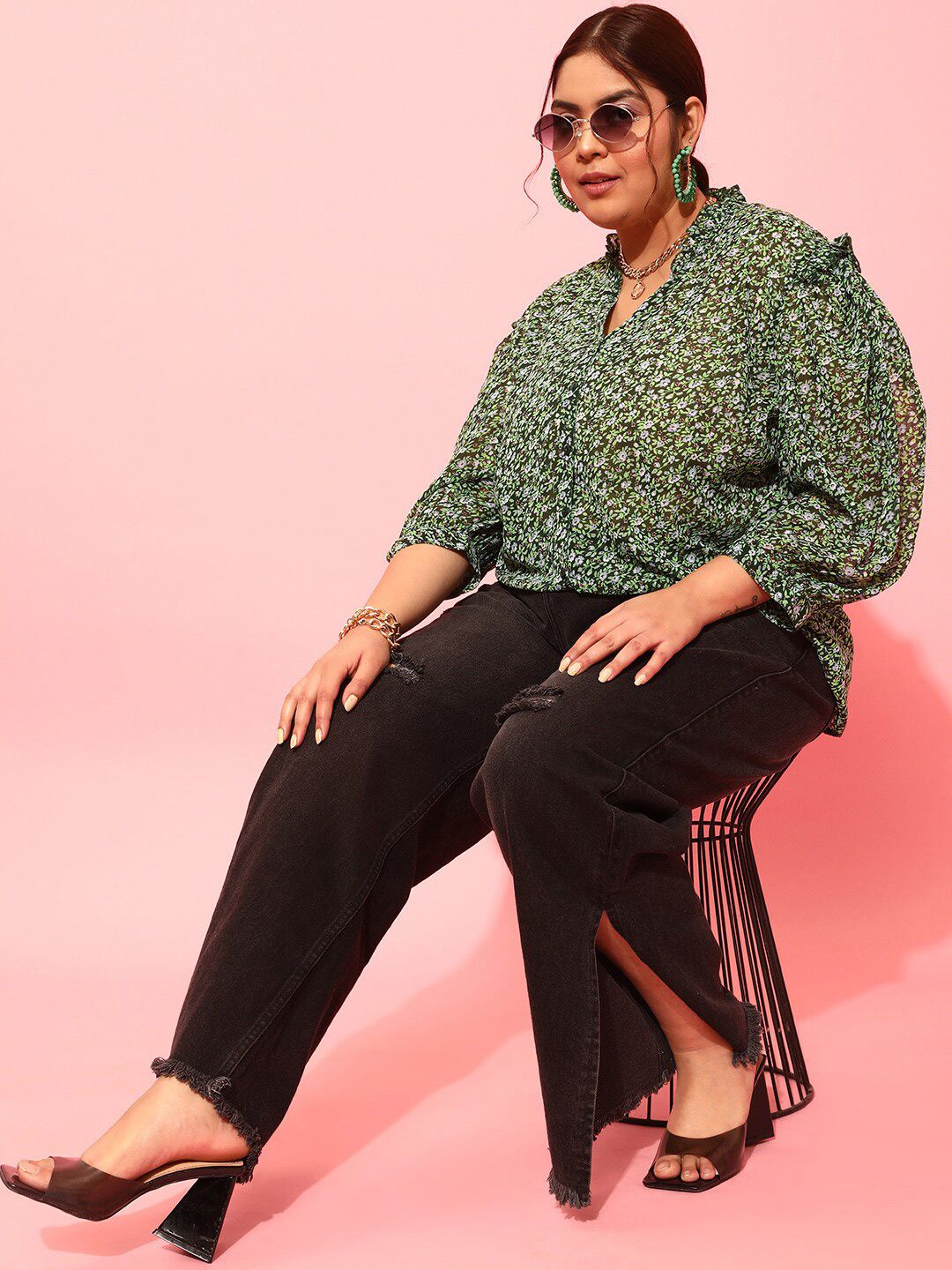 CURVY STREET Plus Size Floral Printed Puff Sleeves Satin Top