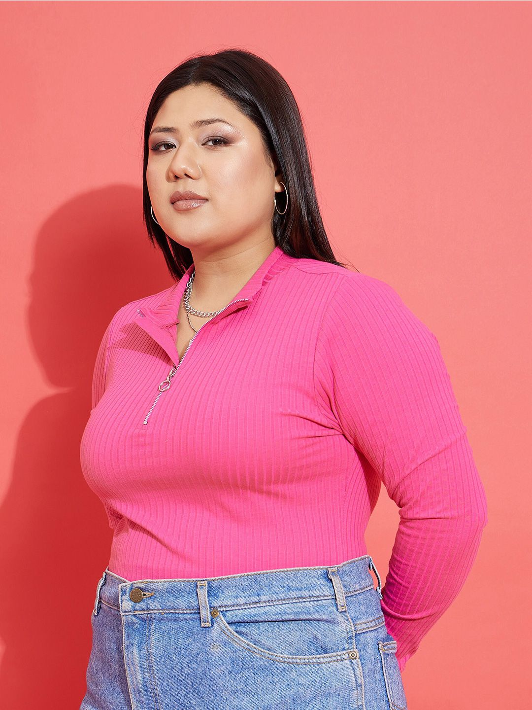SASSAFRAS Curve Plus Size Self Design Shirt Collar Front Zip Detail Top