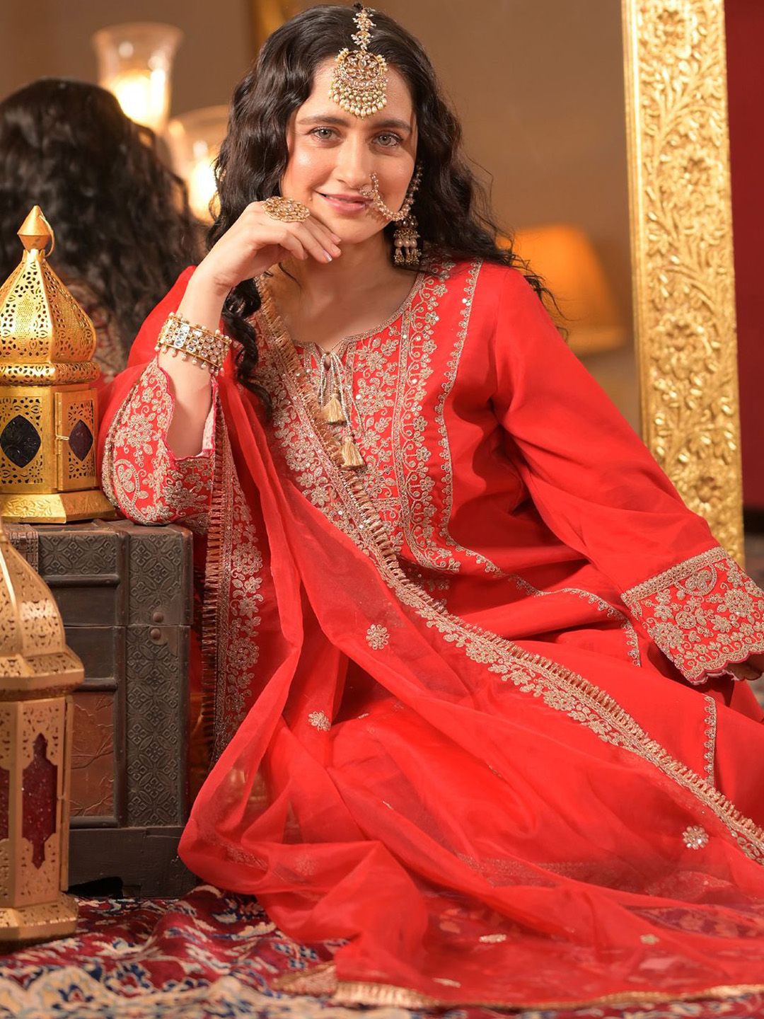 Indo Era Ethnic Motifs Embroidered Zari A-Line Kurta With Trousers & Dupatta