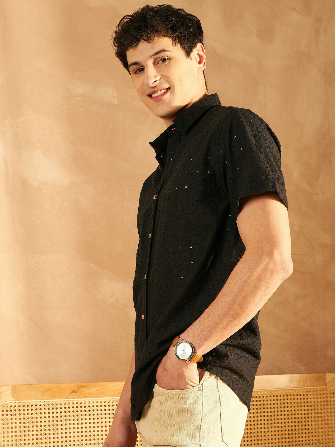 DENNISON Smart Self Black Design Spread Collar Schiffli Cotton Oversized Casual Shirt