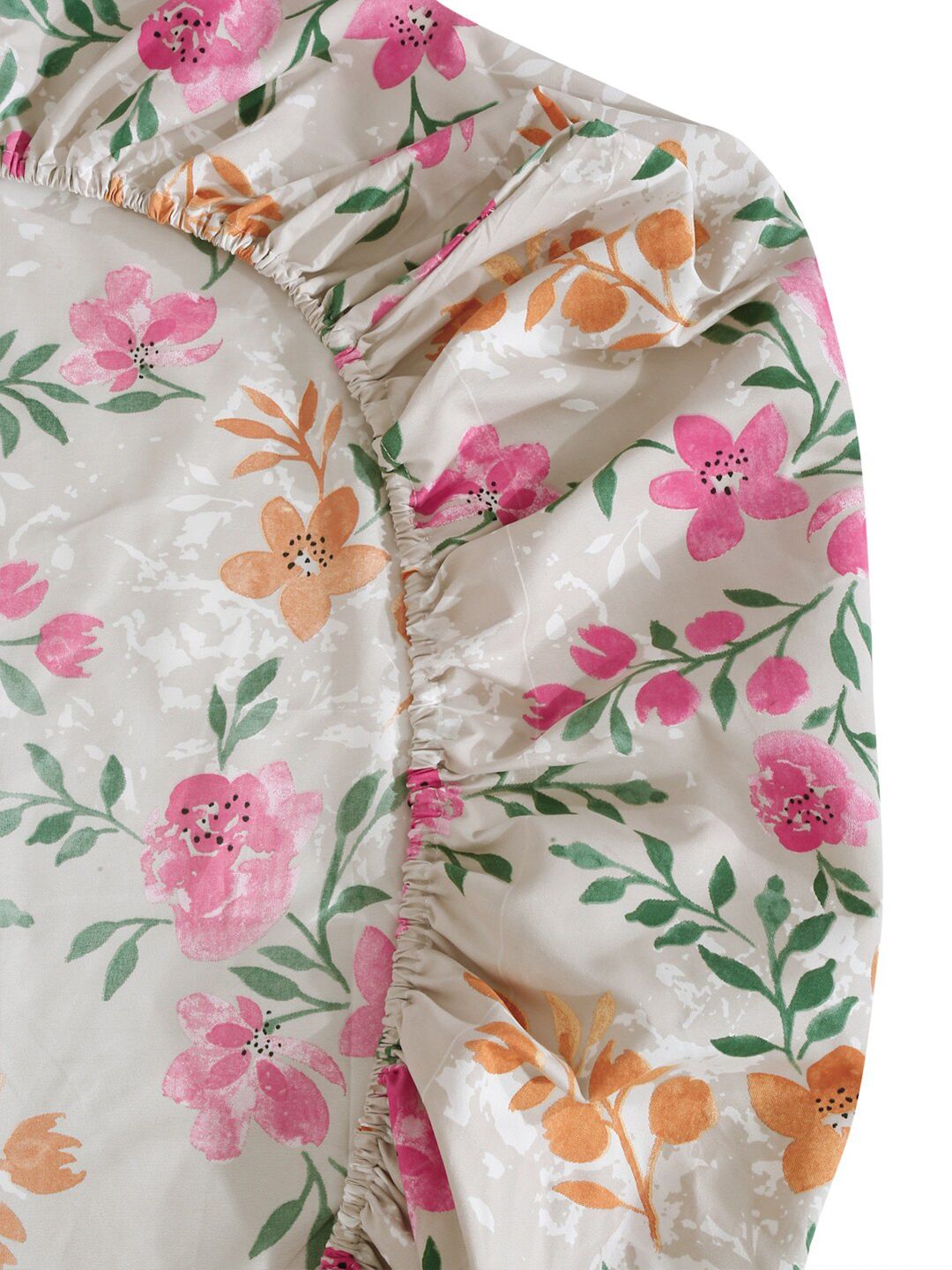 KLOTTHE White & Pink Floral Printed 300 TC Fitted King Bedsheet With 2 Pillow Covers