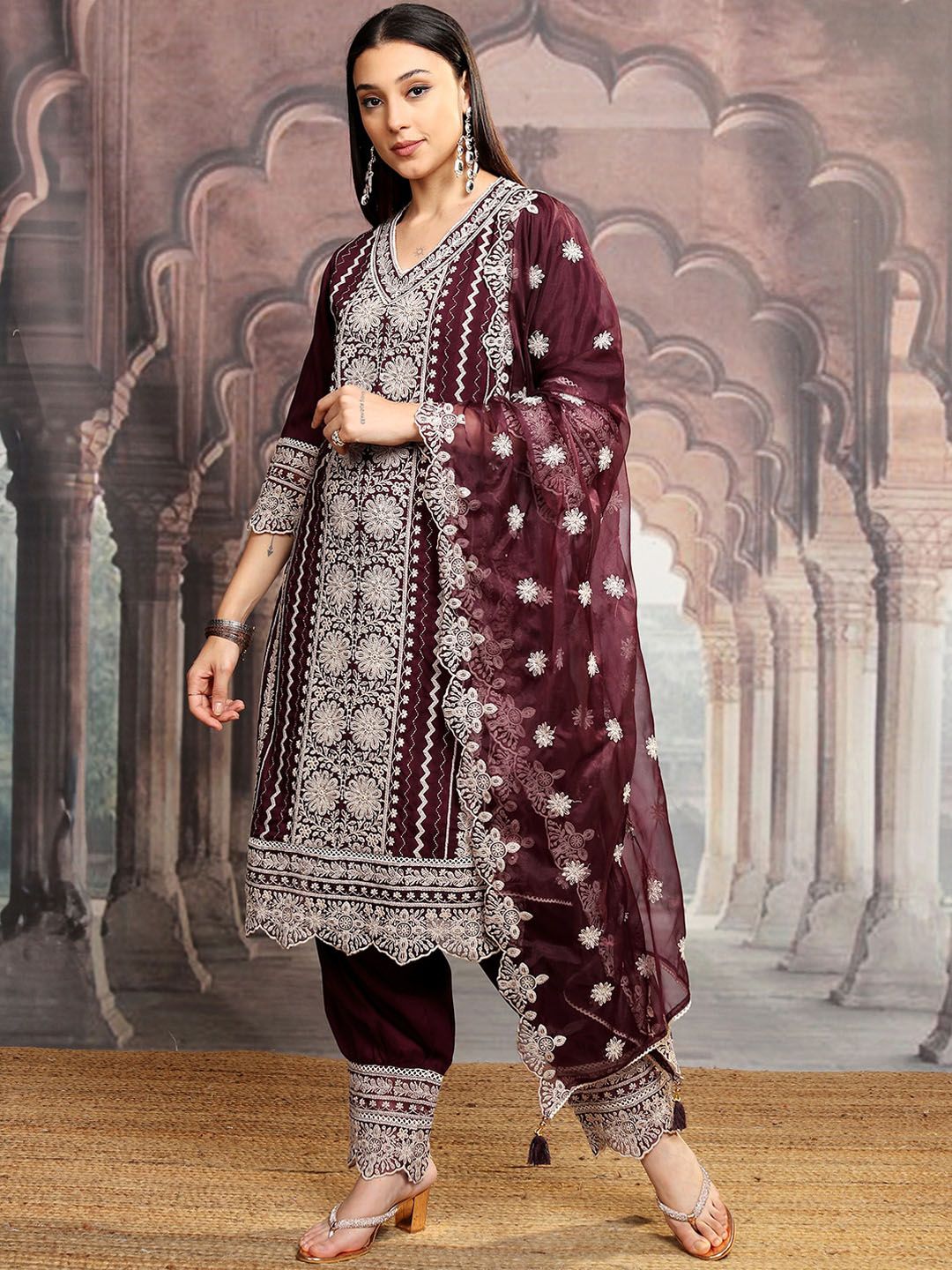 Vishudh Maroon Embroidered Thread Work Straight Kurta With Trousers & Dupatta