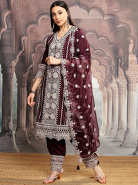 Vishudh Maroon Embroidered Thread Work Straight Kurta With Trousers & Dupatta