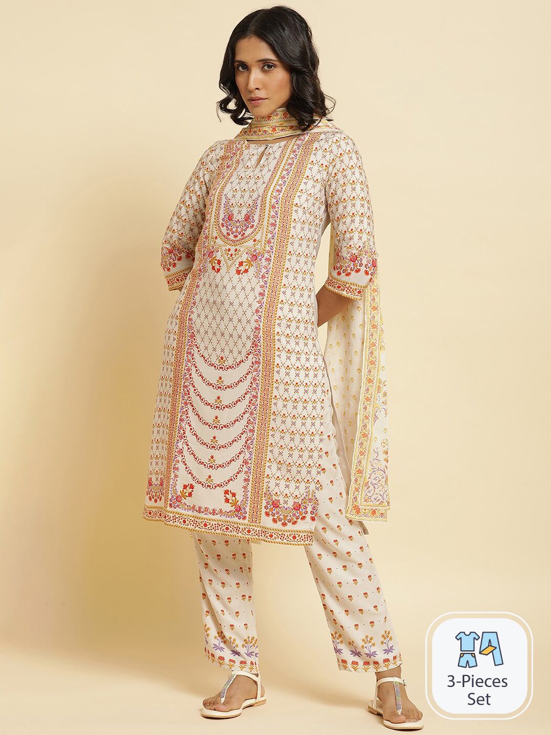 W Floral Printed Straight Kurta With Trousers & Dupatta