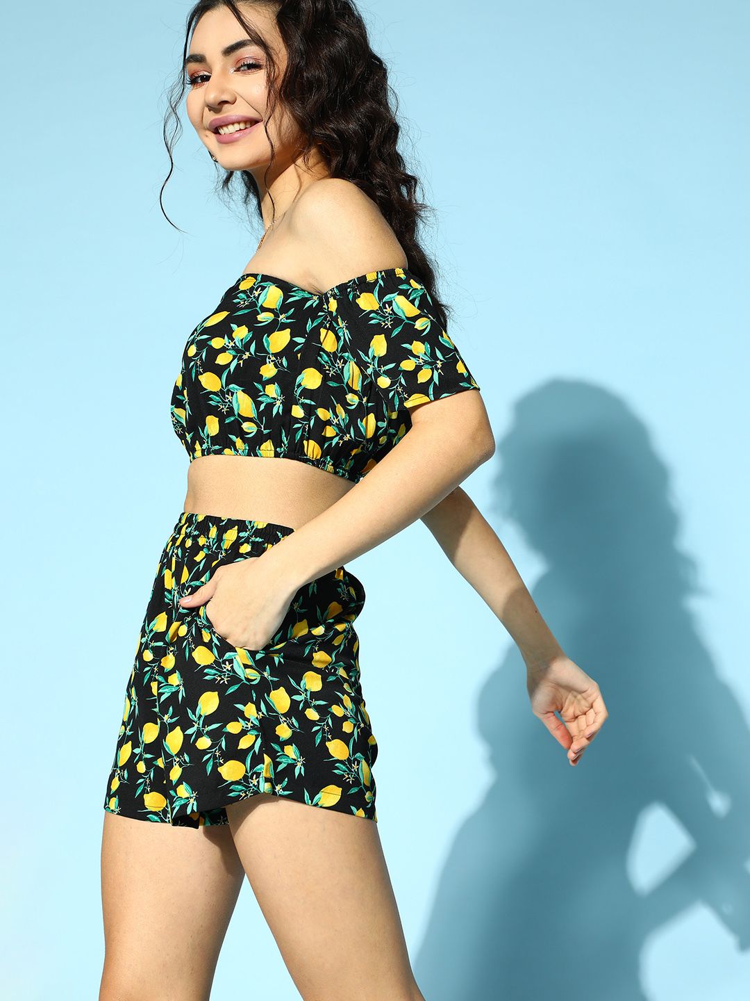 Berrylush Women Stylish Black Printed Top with Shorts