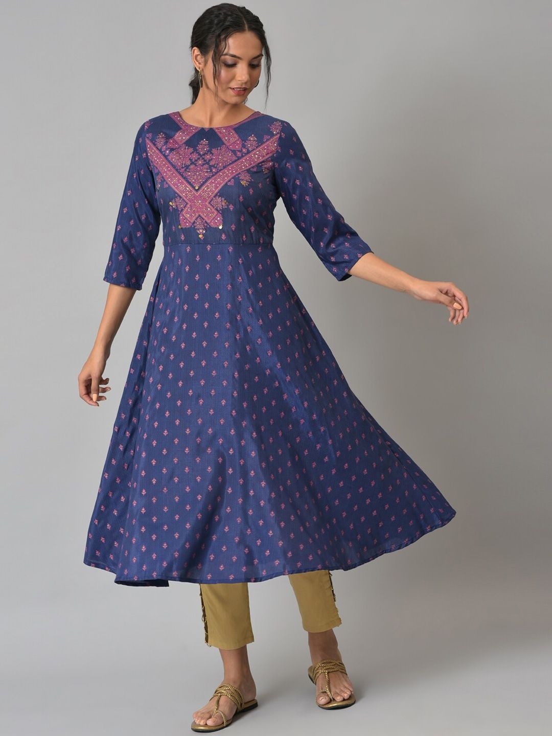 W Women Blue Ethnic Motifs Embroidered Anarkali Kurta