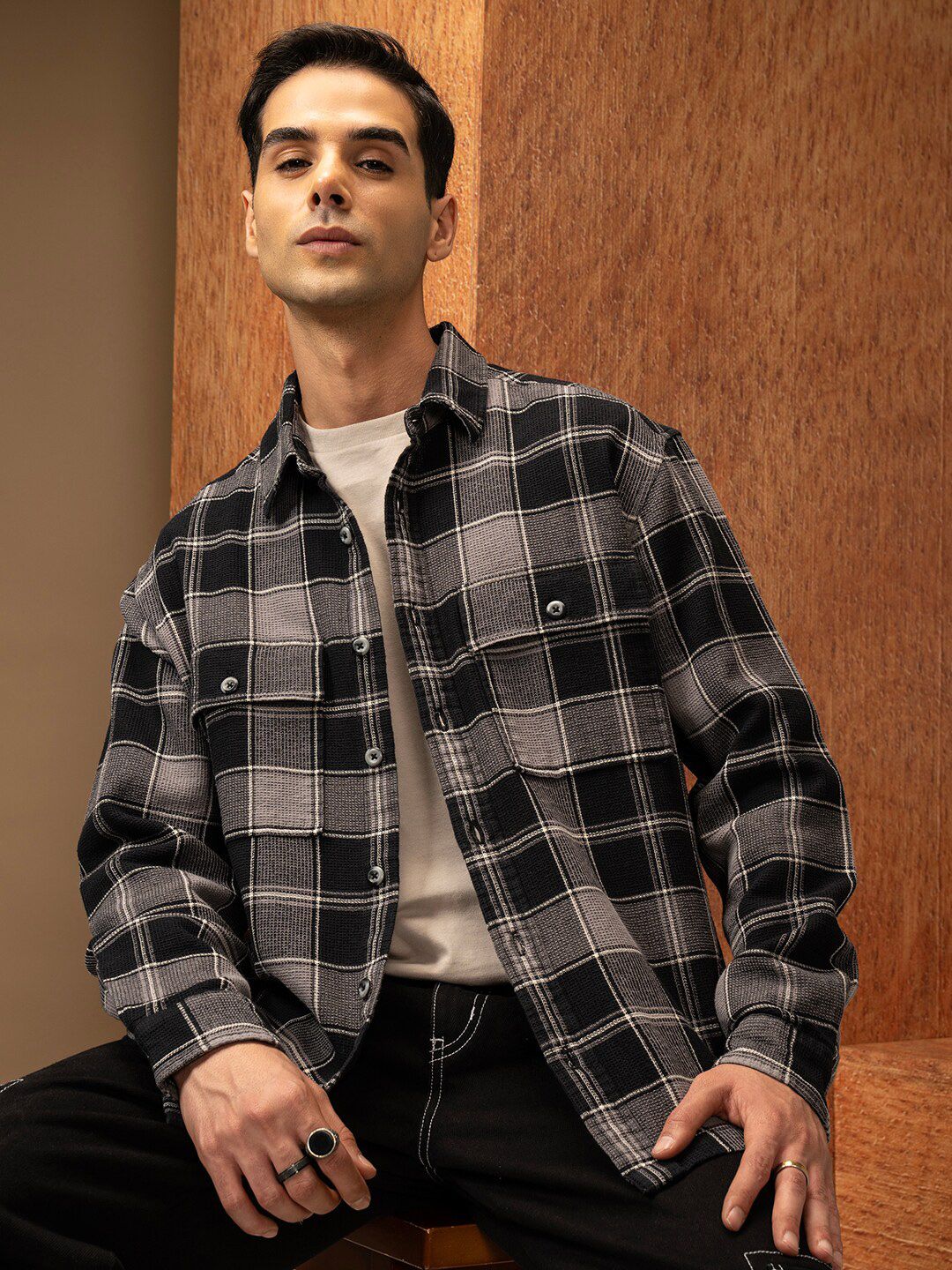 LOCOMOTIVE Premium Oversized Waffle Dobby Textured Checked Utility Pocket Overshirt