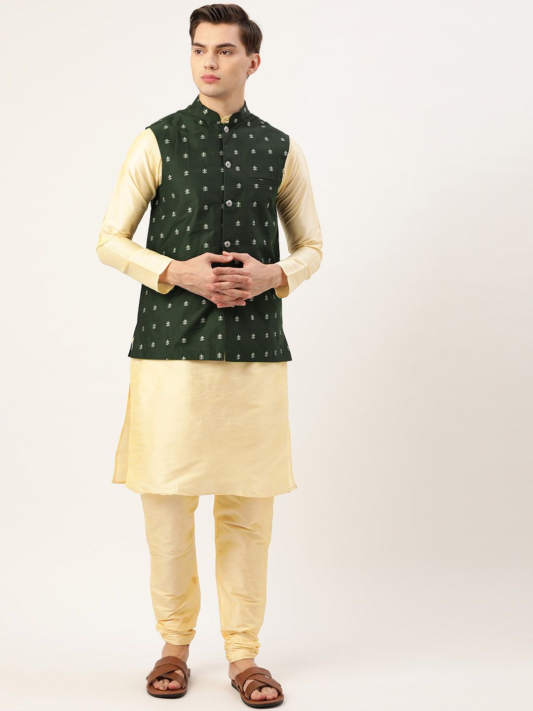 SOJANYA Men Beige & Green Kurta with Churidar