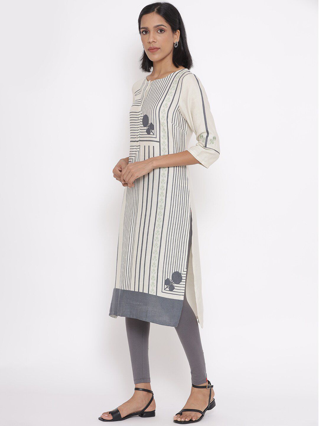 W Women White & Grey Striped A-Line Kurta