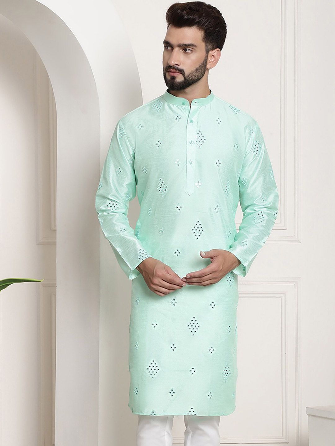 SOJANYA Band Collar Woven Design Kurta