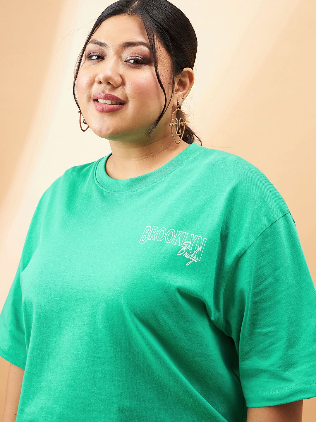 SASSAFRAS Curve Plus Size Typography Printed Pure Cotton Relaxed Fit T-shirt