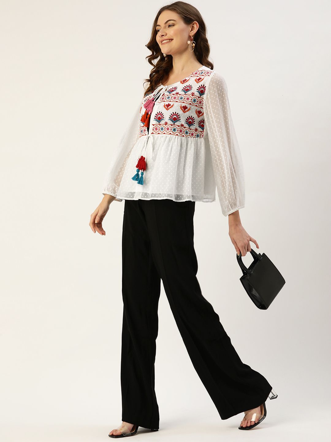 Antheaa Women Off White & Pink Printed Embroidered Tie-Up Shrug