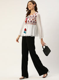 Antheaa Women Off White & Pink Printed Embroidered Tie-Up Shrug
