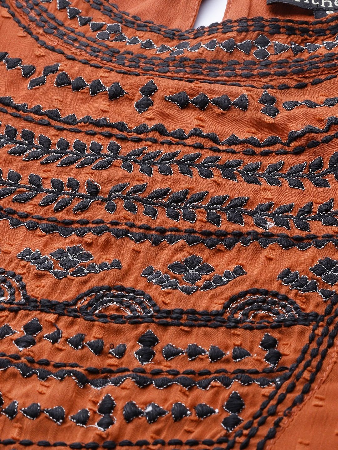 Antheaa Women Rust Brown & Black Embroidered Dobby Weave A-Line Top