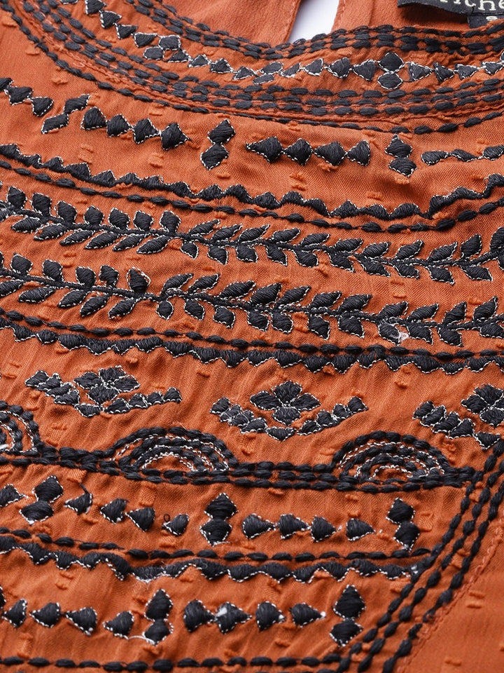 Antheaa Women Rust Brown & Black Embroidered Dobby Weave A-Line Top