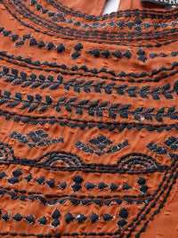 Antheaa Women Rust Brown & Black Embroidered Dobby Weave A-Line Top