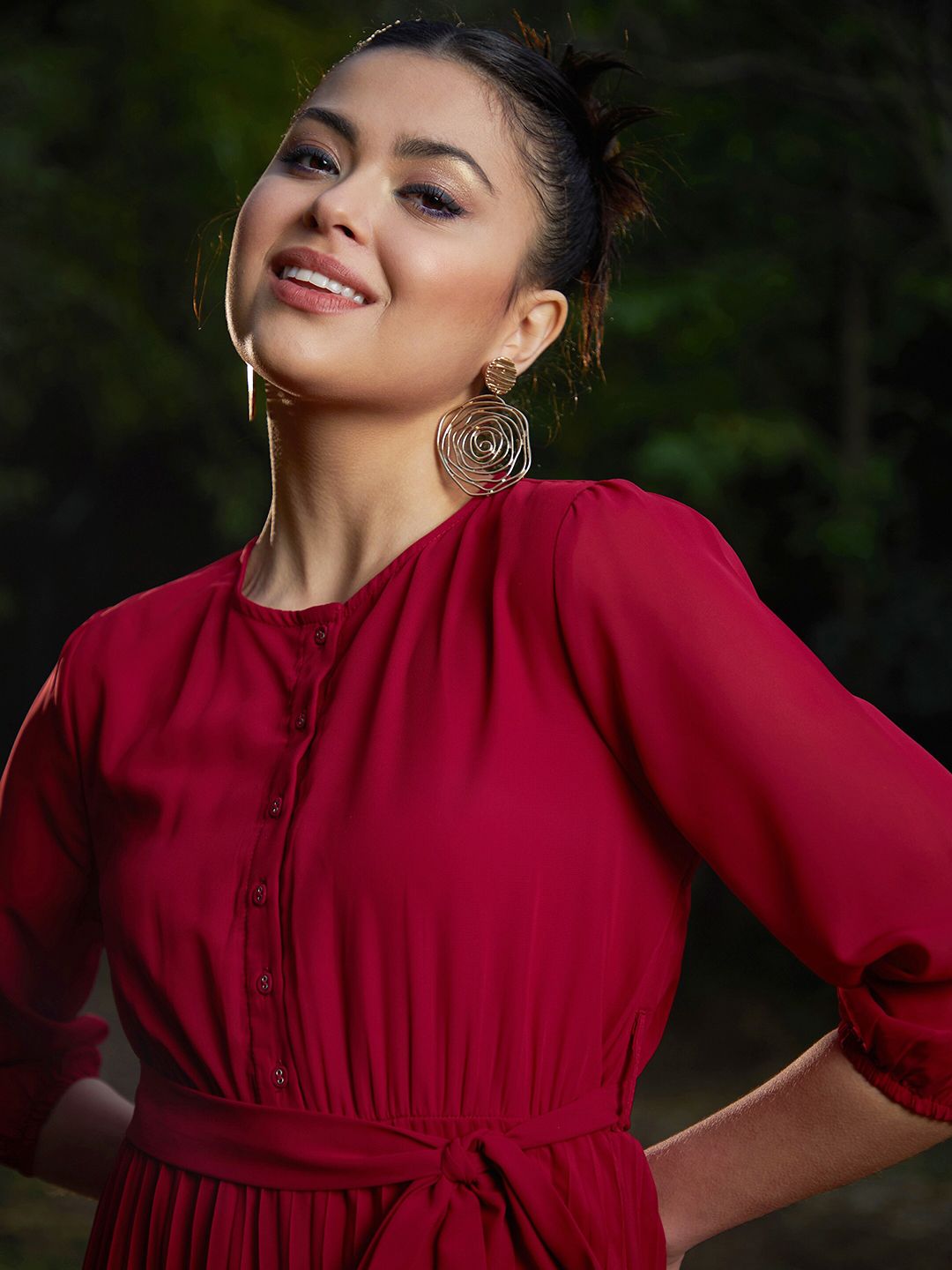 SASSAFRAS Striped Puff Sleeves A-Line Dress