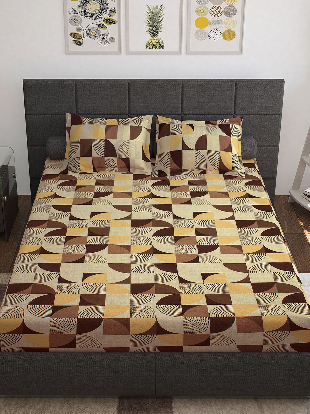 Story@home Brown Yellow Geometric 144 TC Pure Cotton Queen Bedsheet with 2 Pillow Covers