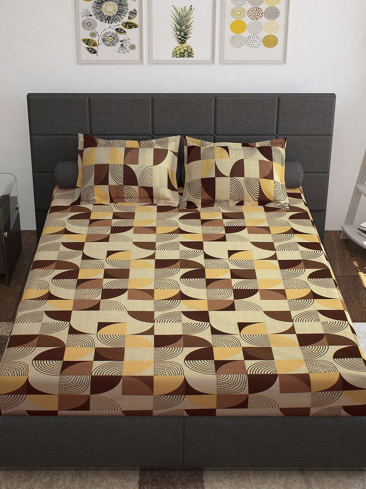 Story@home Brown Yellow Geometric 144 TC Pure Cotton Queen Bedsheet with 2 Pillow Covers