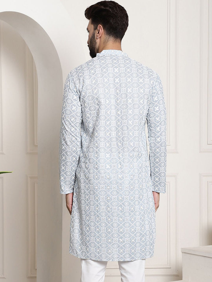 SOJANYA Band Collar Ethnic Motifs Embroidered Thread Work Cotton Kurta