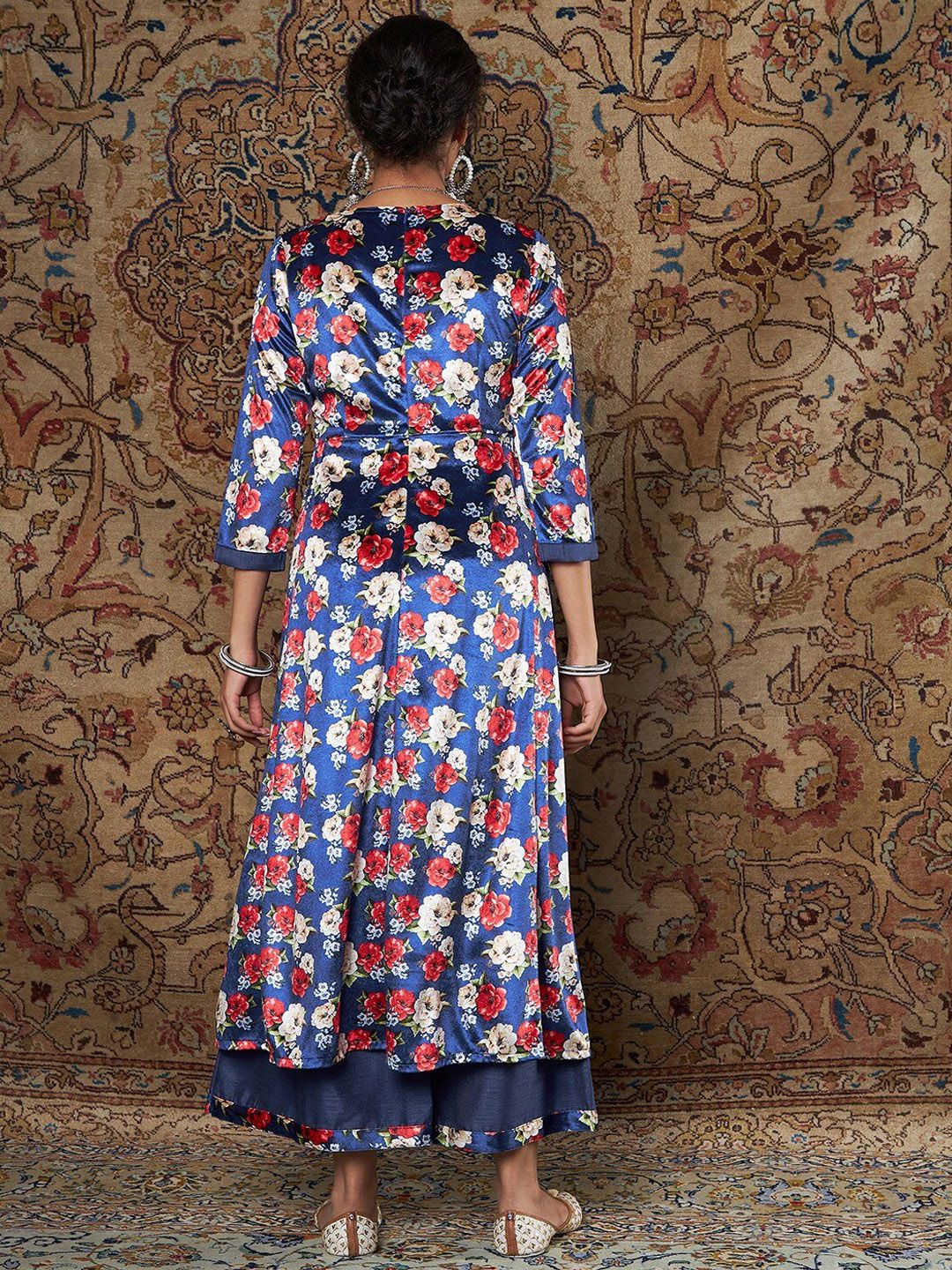 Shae by SASSAFRAS Women Blue Floral Printed Pleated Velvet Kurta with Palazzos