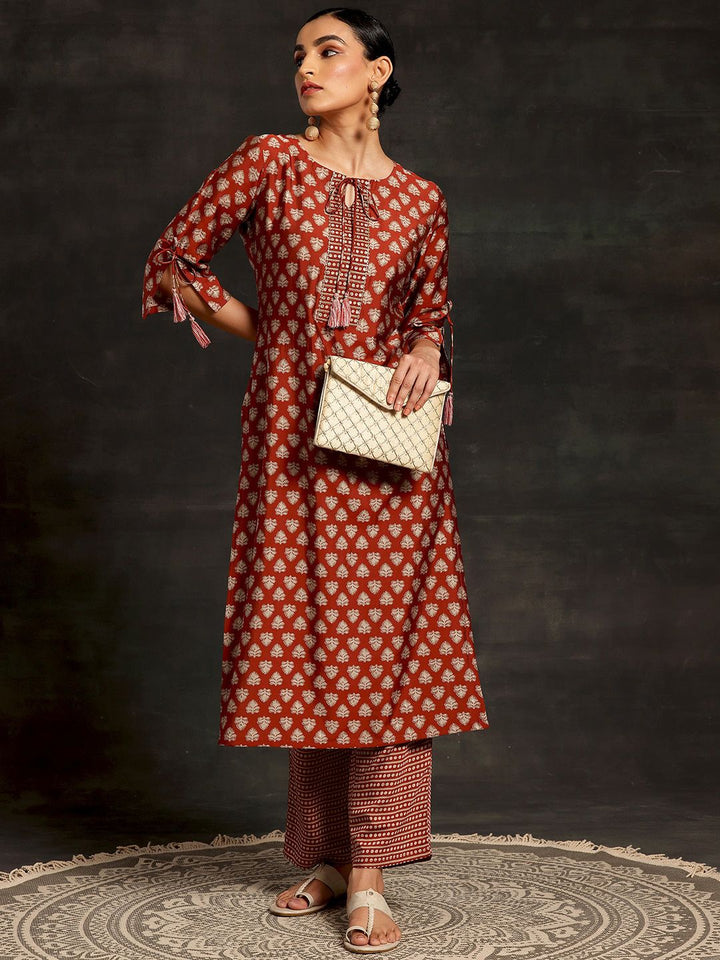 Libas Floral Printed Tie-Up Neck Three-Quarter Sleeves Sequinned Kurta with Trousers