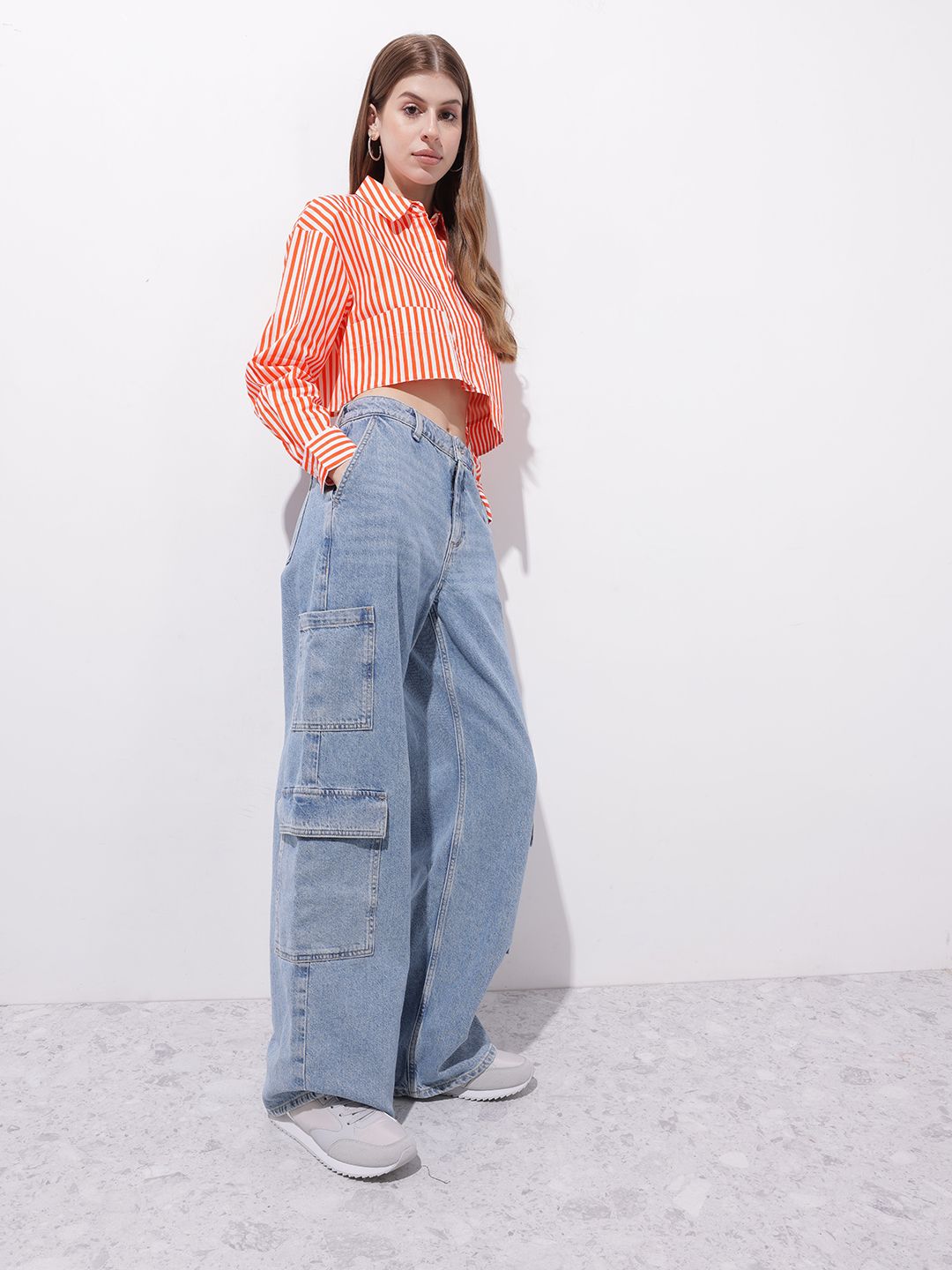 DressBerry Nauti-Verti Stripes Power Pocket Crop Shirt