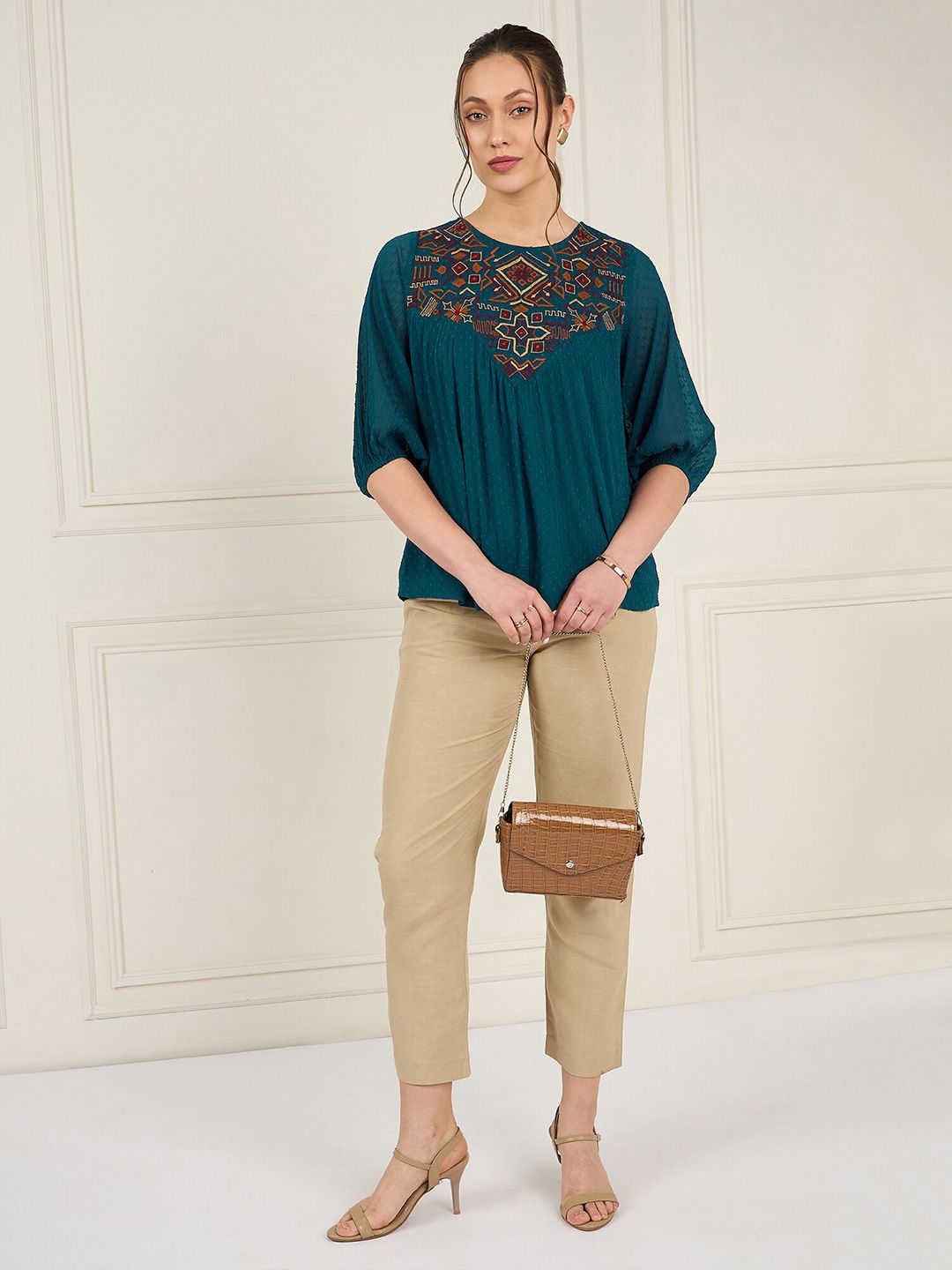 Antheaa Embroidered Chiffon A-Line Top