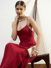 Berrylush Red Cowl Neck Shoulder Straps Lace Up Maxi Dress