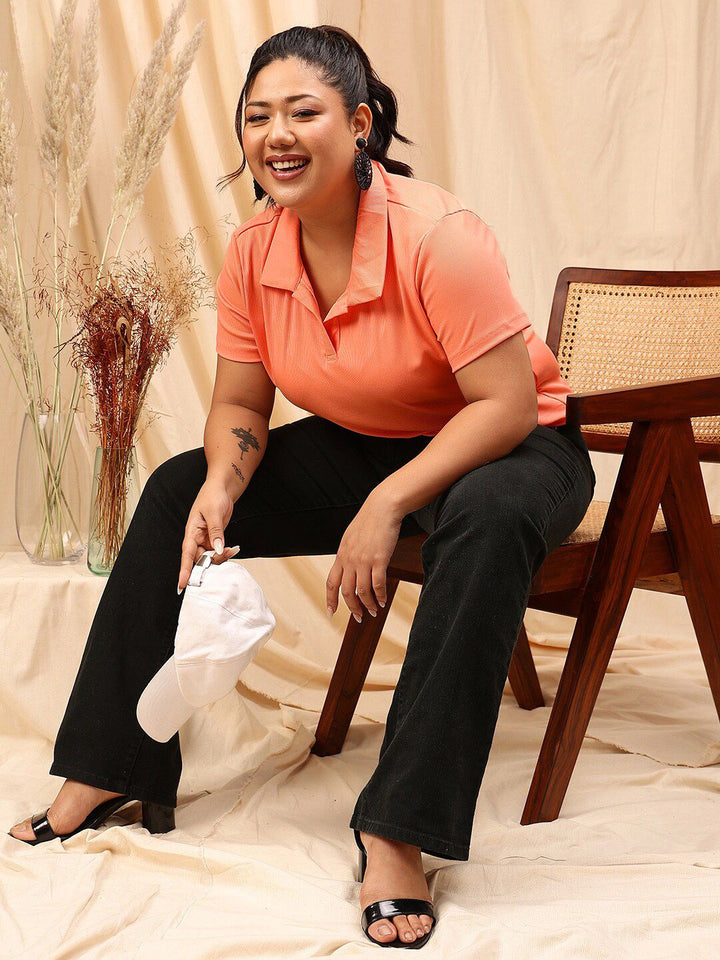 CURVY STREET Plus Size Striped Polo Collar Regular T-shirt