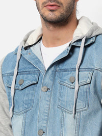 Campus Sutra Men Blue Grey Washed Colourblocked Windcheater Outdoor Denim Jacket