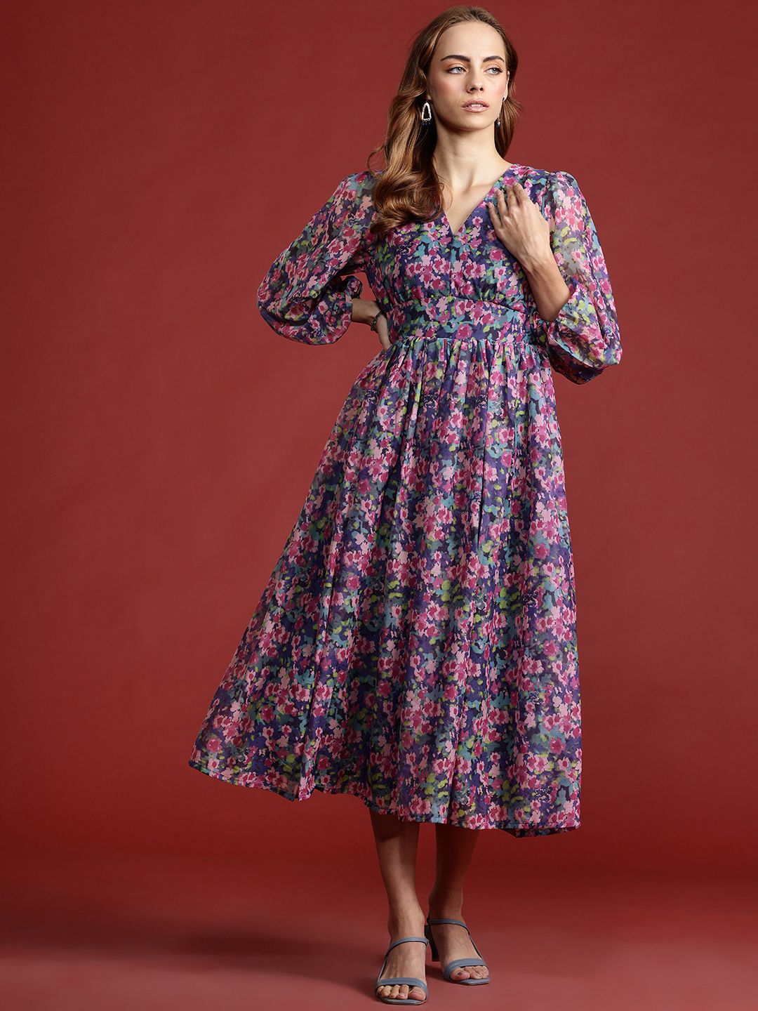 all about you Floral Print Puff Sleeve A-Line Midi Dress