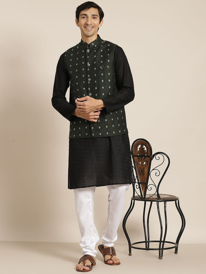 SOJANYA Men Black Chikankari Pure Cotton Kurta with Churidar & Nehru Jacket