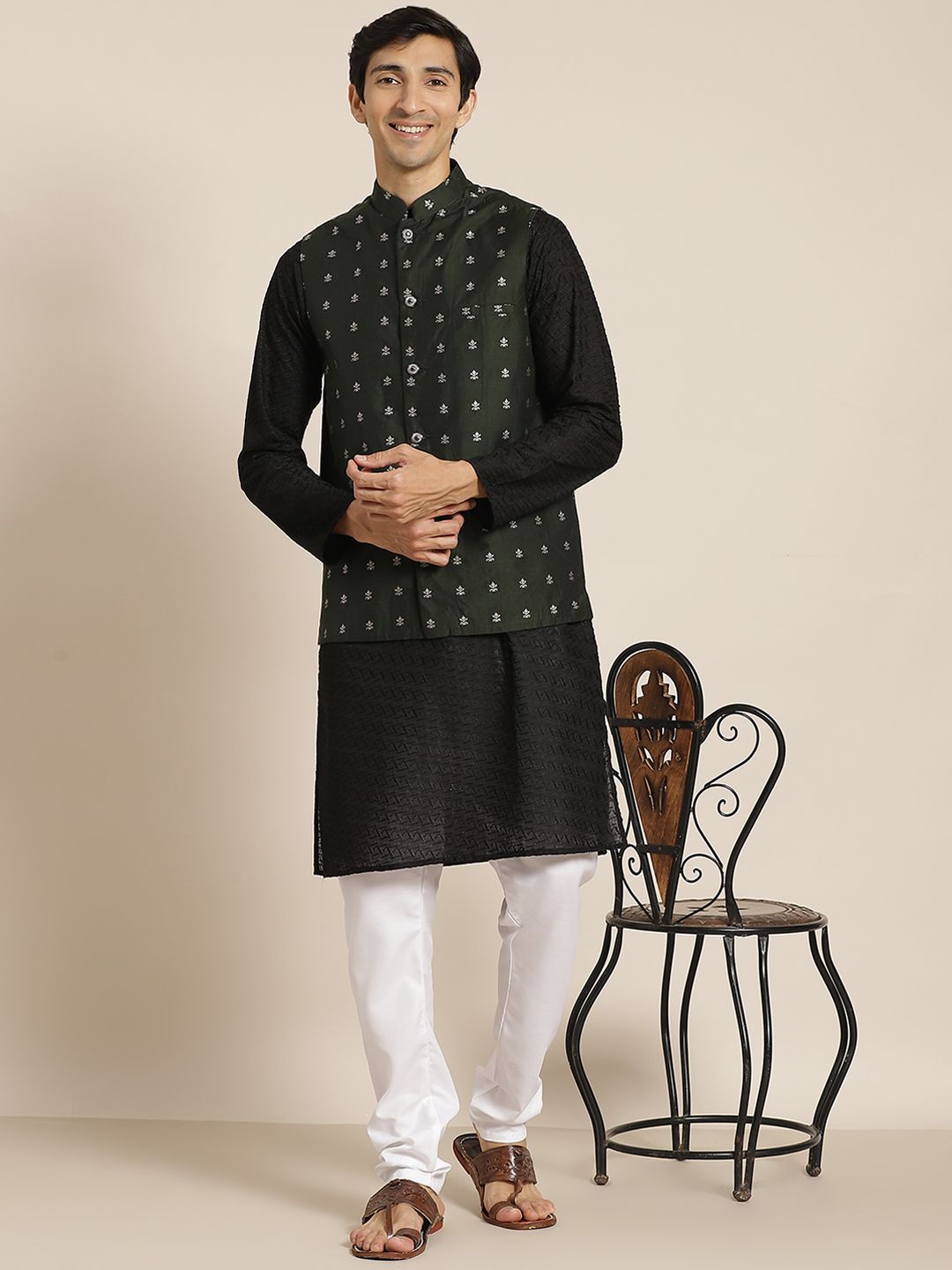 SOJANYA Men Black Chikankari Pure Cotton Kurta with Churidar & Nehru Jacket