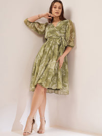 Antheaa Olive Green Floral Printed V-Neck Puff Sleeve Chiffon Wrap Dress