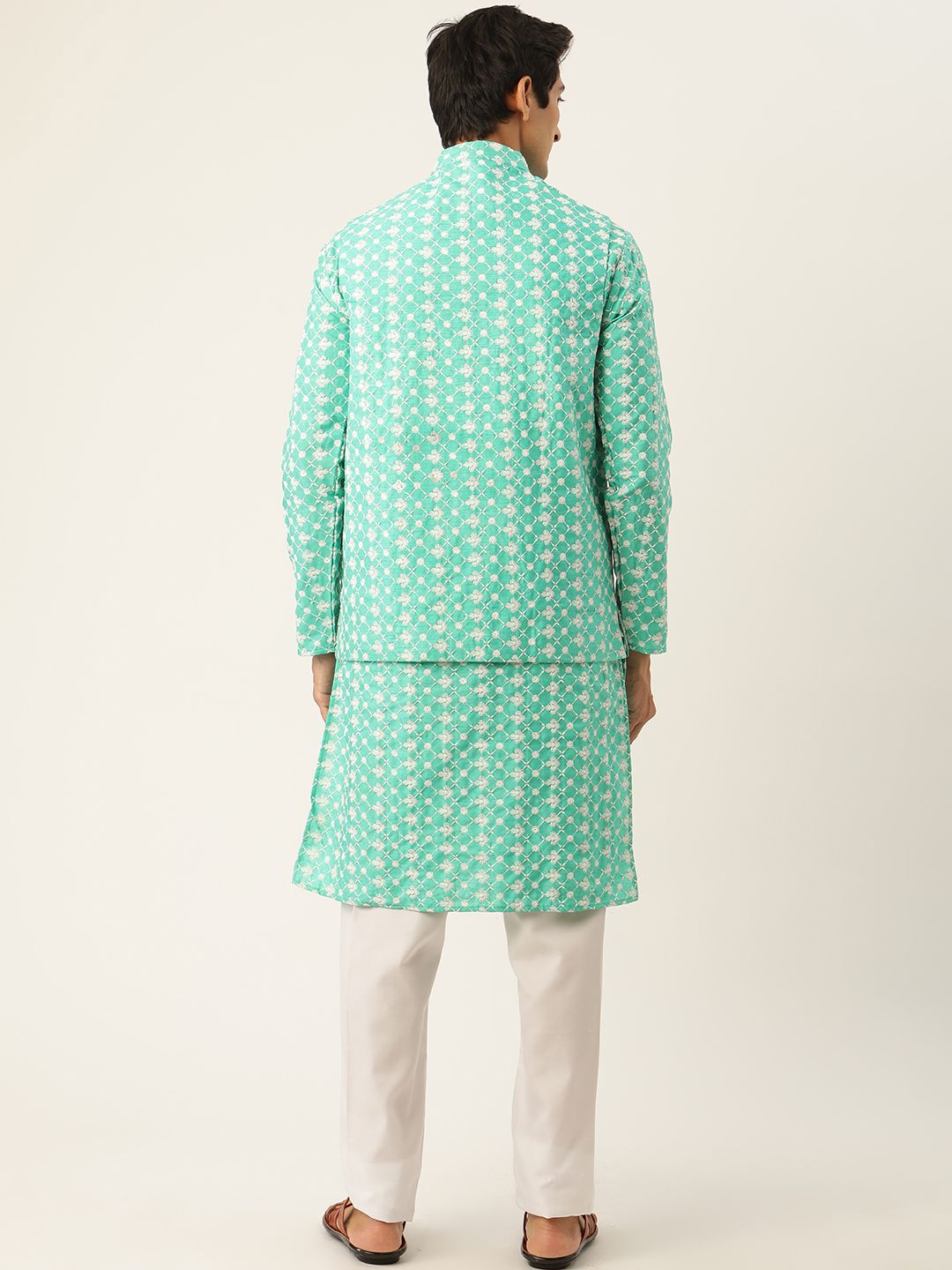 SOJANYA Set Kurta Sulam Lelaki Motif Etnik Biru Dengan Jaket Nehru