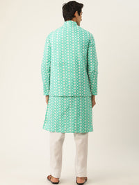 SOJANYA Set Kurta Sulam Lelaki Motif Etnik Biru Dengan Jaket Nehru