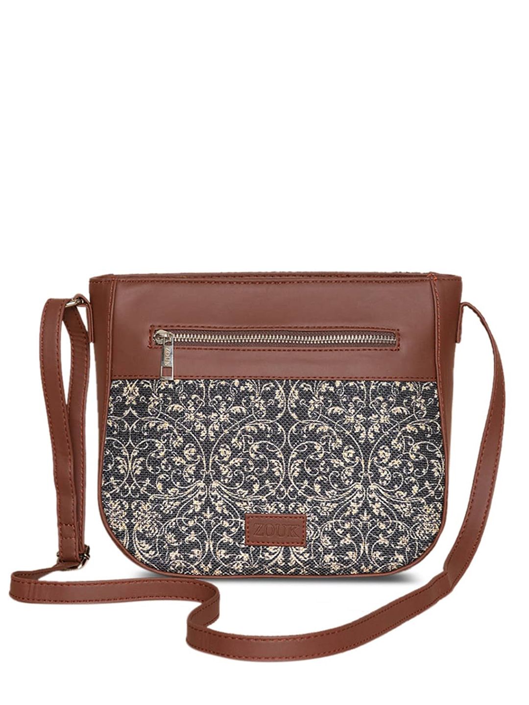ZOUK Black Ethnic Motifs Printed Leather Structured Sling Bag