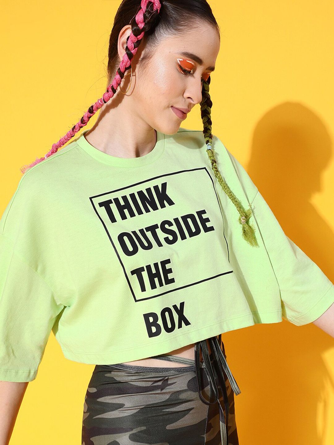 STREET 9 Women Green Printed Cotton Drop-Shoulder Sleeves Boxy T-shirt