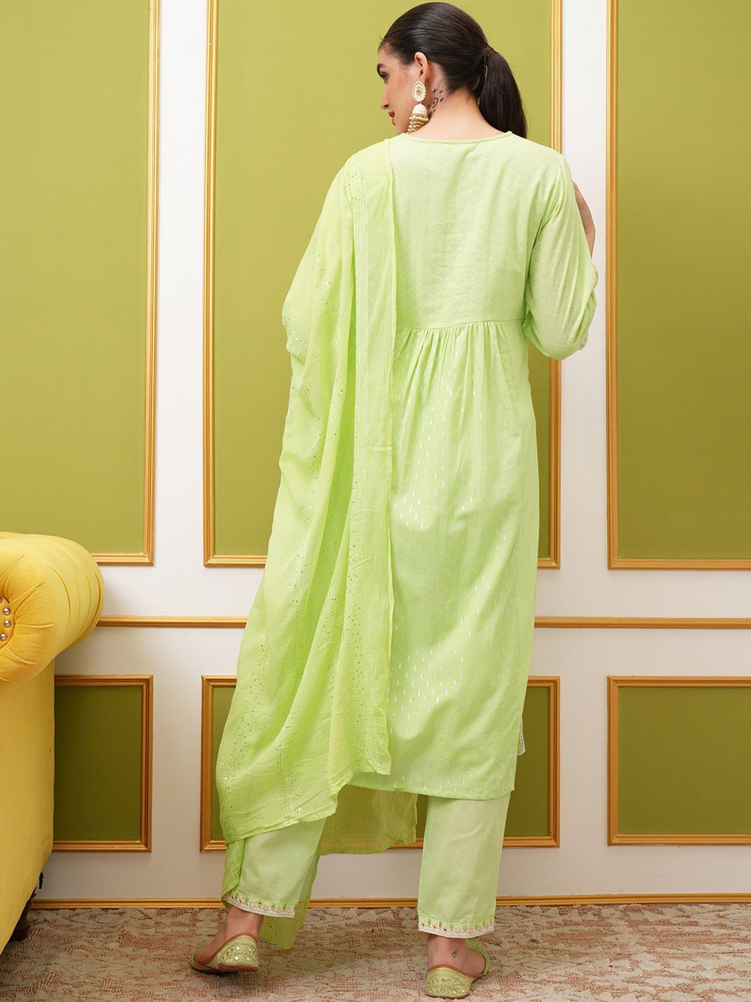 Vishudh Embroidered Pure Cotton Anarkali Kurta & Trousers With Dupatta